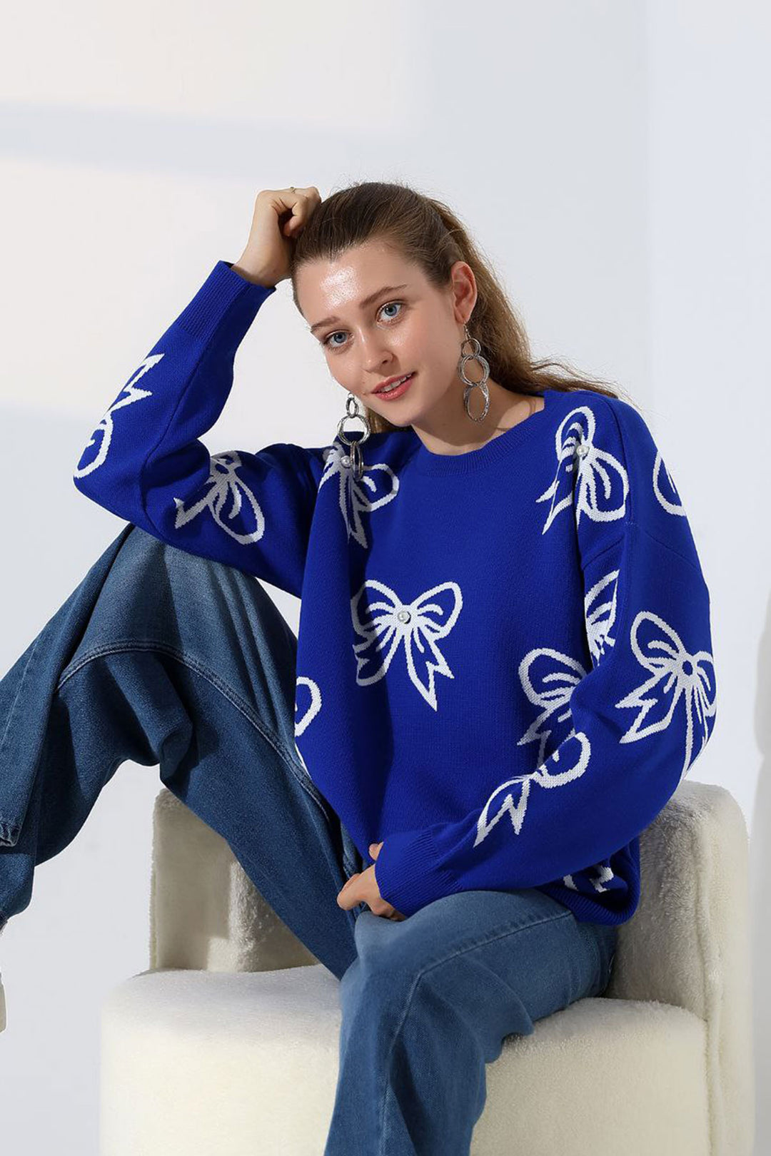 Saks Bow Patterned Sweater BCES-252045 - Argenteuil