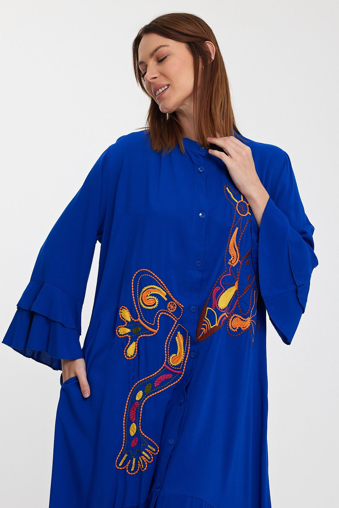 Maxi Boy Saks Master Collar Embroidered Long Length Woven Shirt Dress BCVL-248140 - Rimini