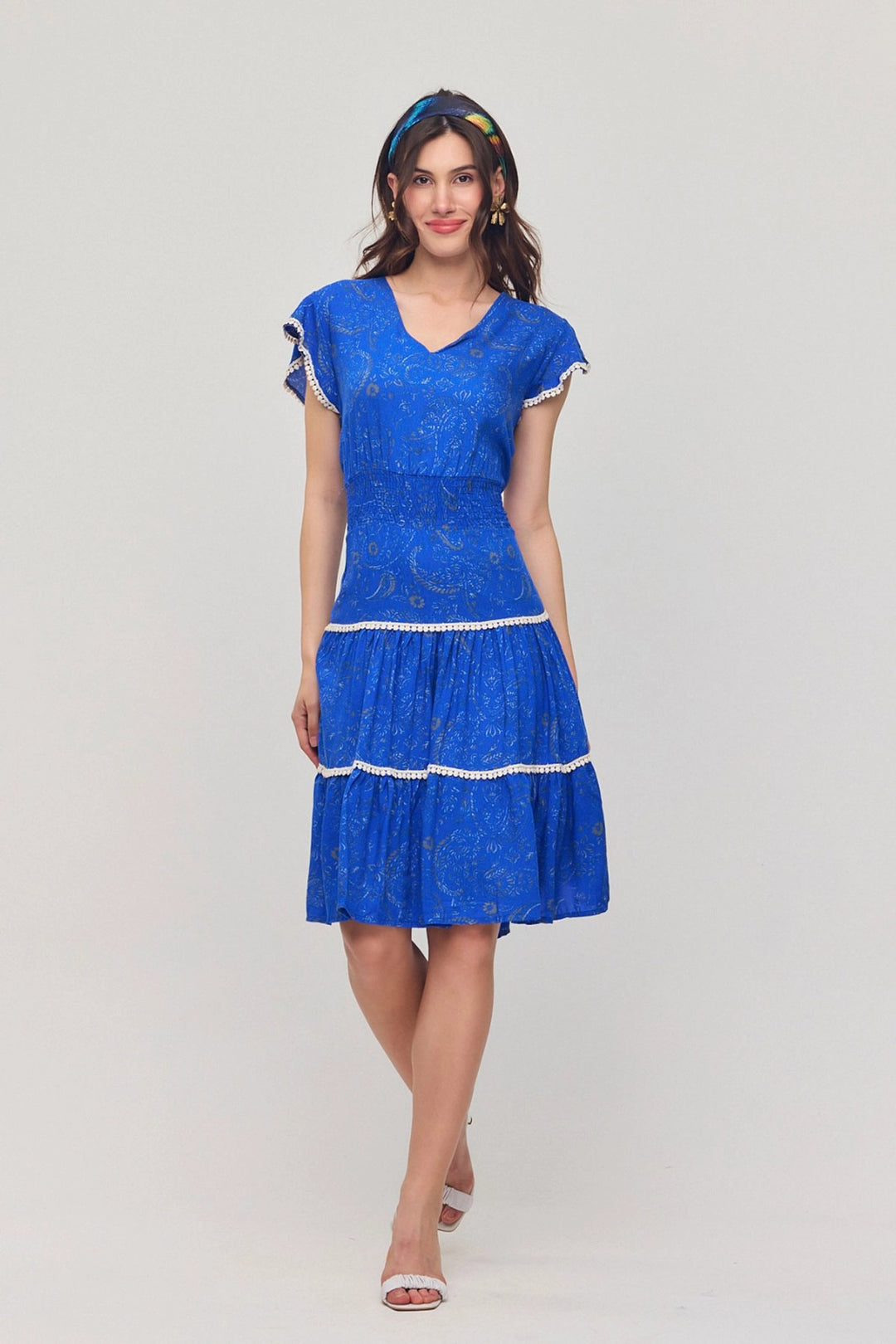 Saks V Neck Ruffled Floral Patterned Summer Viscose Dress BCVL-25V054 - Swadlincote