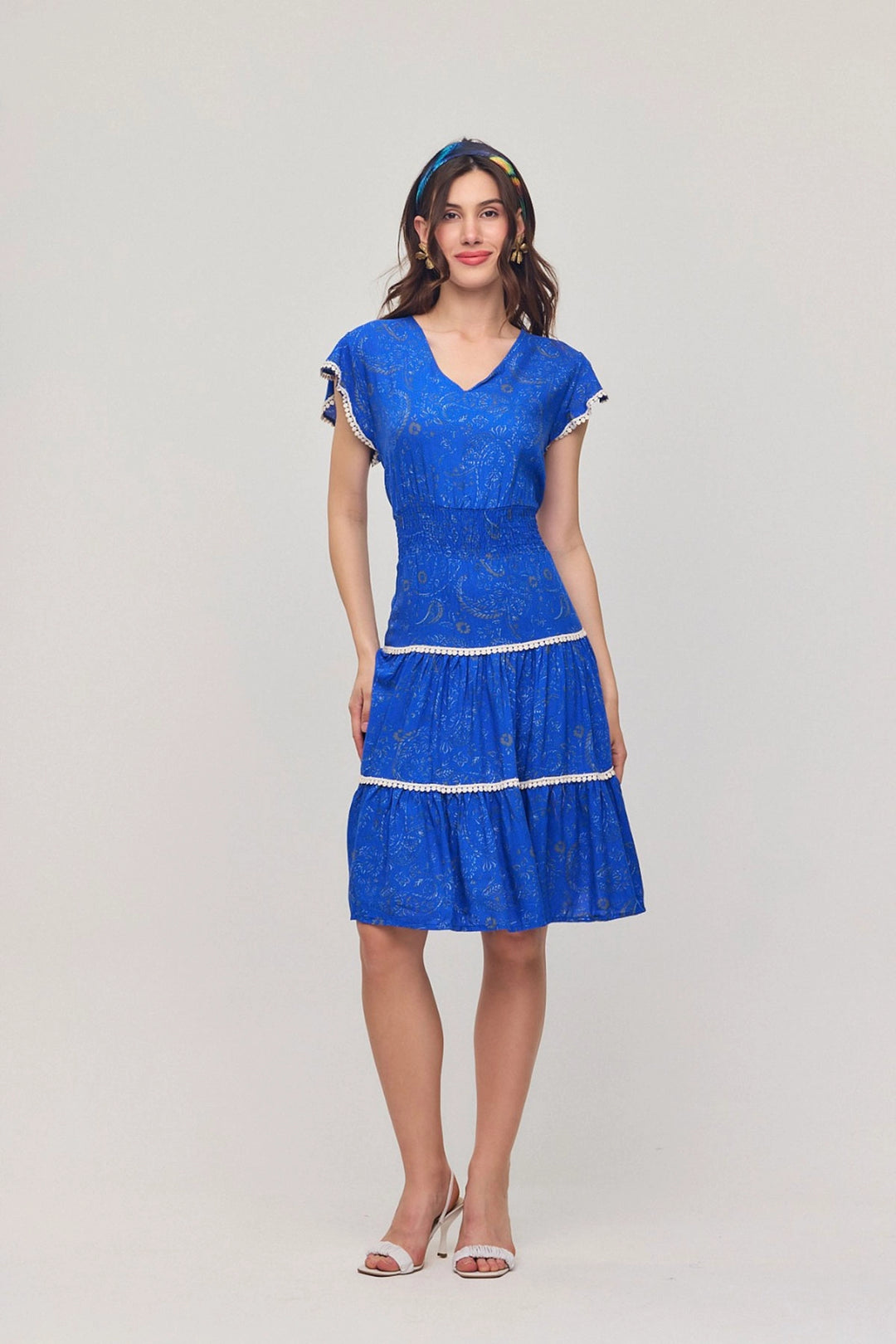 Saks V Neck Ruffled Floral Patterned Summer Viscose Dress BCVL-25V054 - Swadlincote
