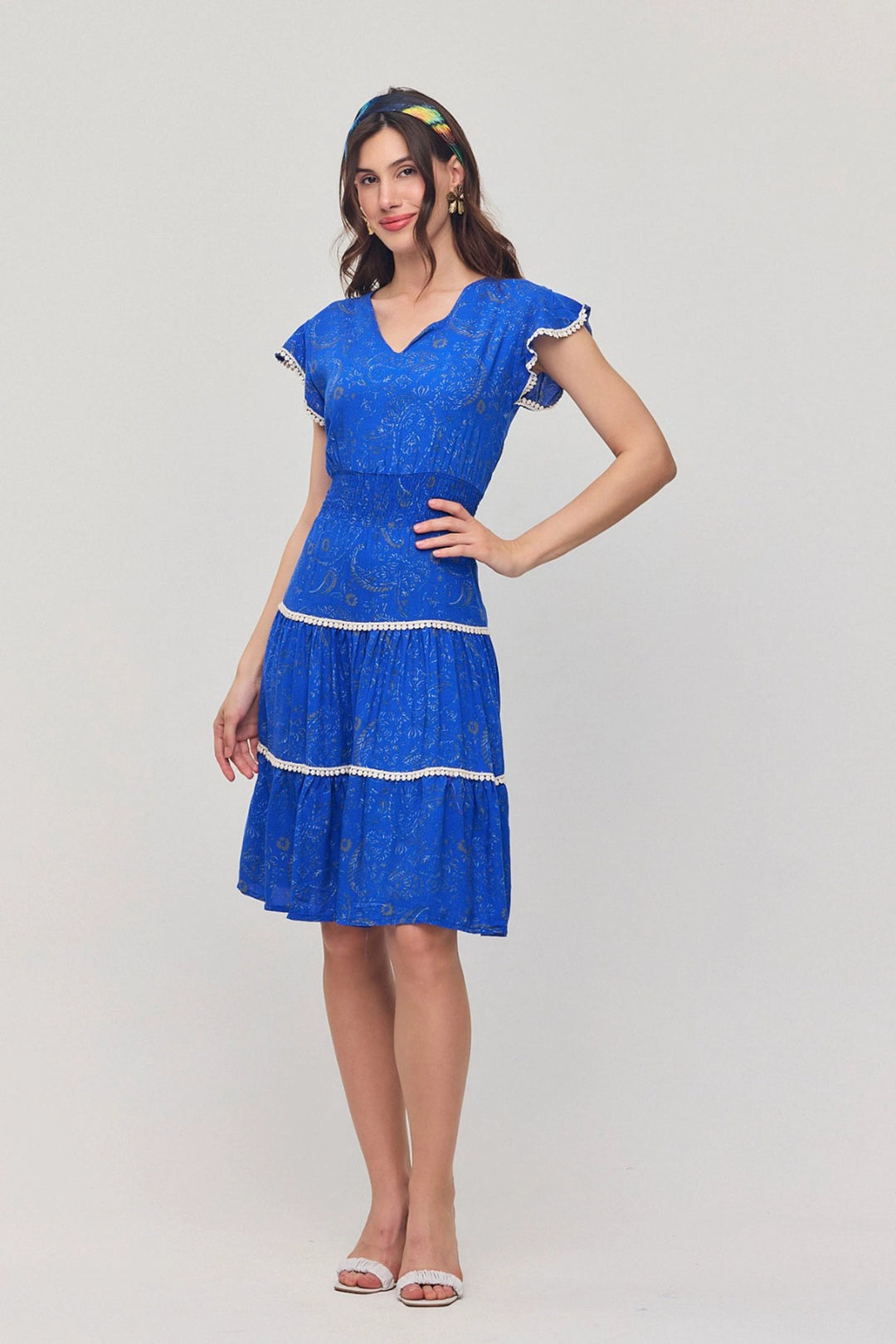 Saks V Neck Ruffled Floral Patterned Summer Viscose Dress BCVL-25V054 - Swadlincote