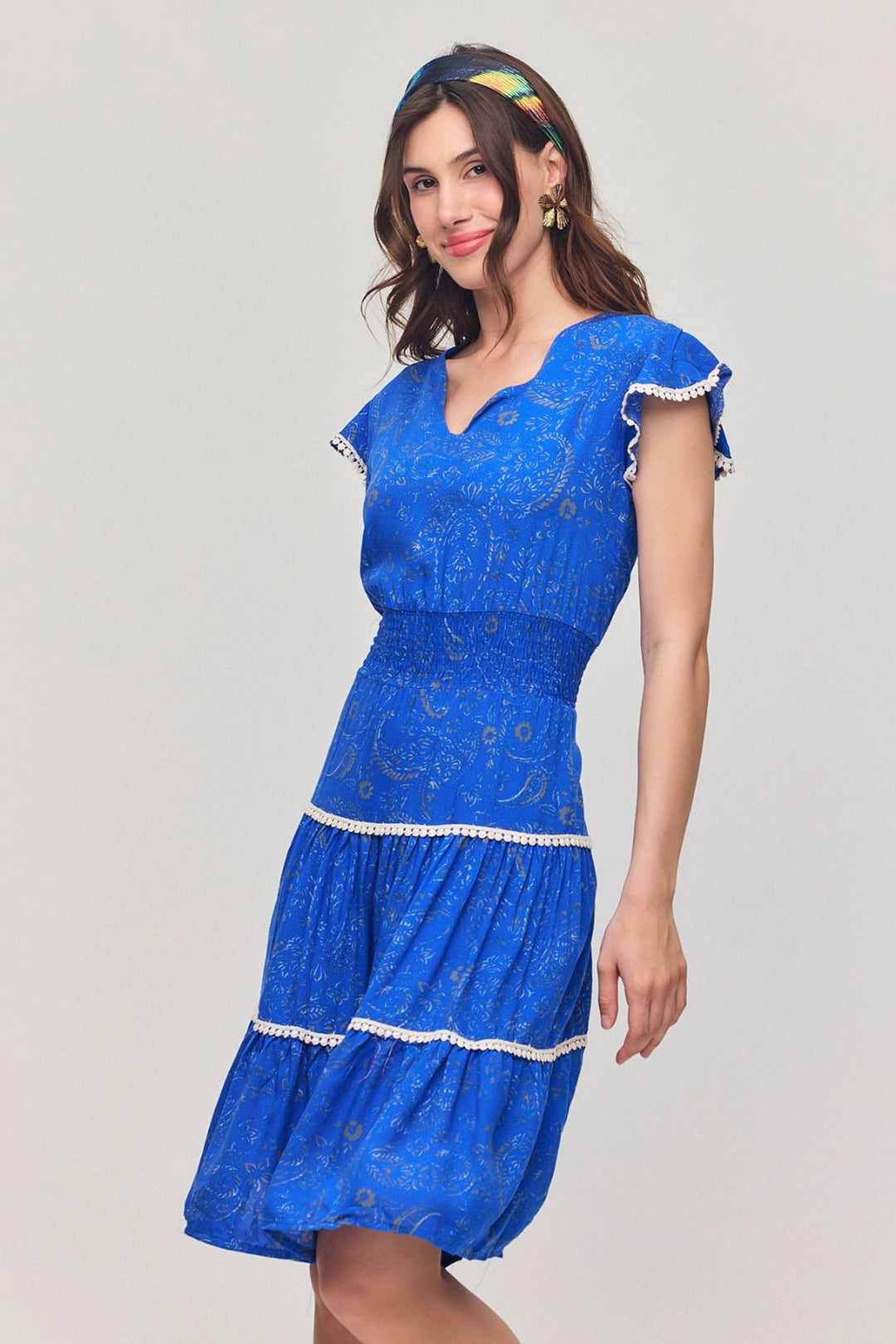 Saks V Neck Ruffled Floral Patterned Summer Viscose Dress BCVL-25V054 - Swadlincote