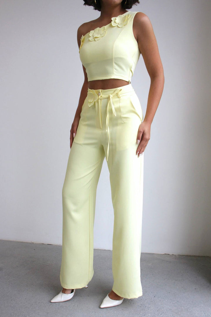 Sarı Aksesuar Detaylı Bluz Ve Pantolon Dokuma Alt Üst Takım BCHN-2526127 - Nelson