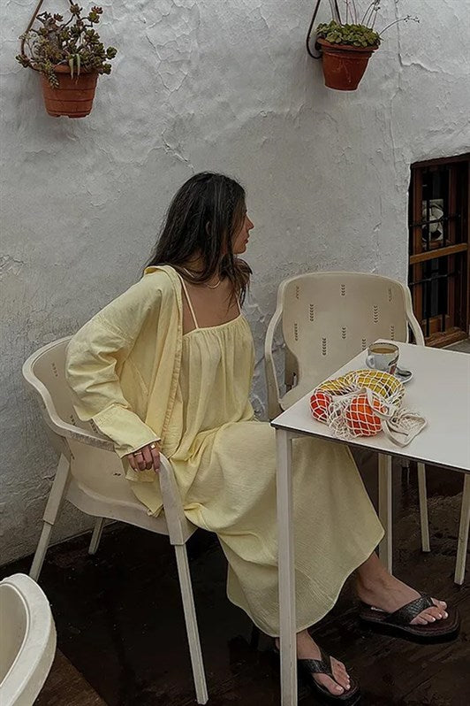 MDX Yellow Strappy Long Loose Ruffled Dress MG1720 - Tienen