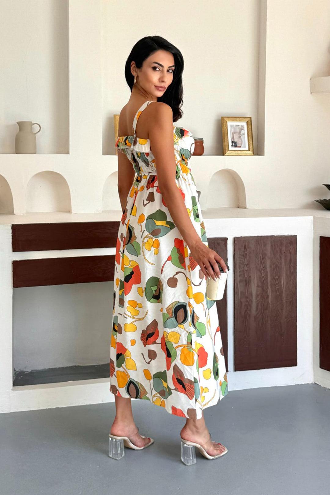Yellow Patterned Strappy Gipeli Lined Cotton Premium Woven Dress BCCM-253004 - Utica