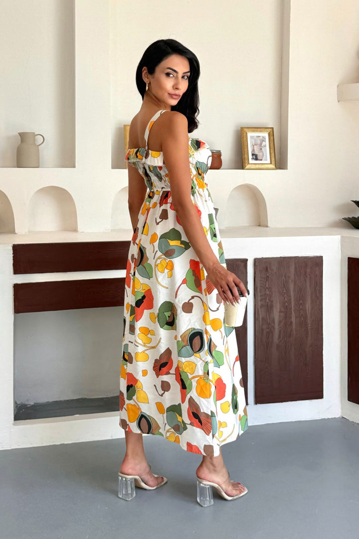Yellow Patterned Strappy Gipeli Lined Cotton Premium Woven Dress BCCM-253004 - Utica