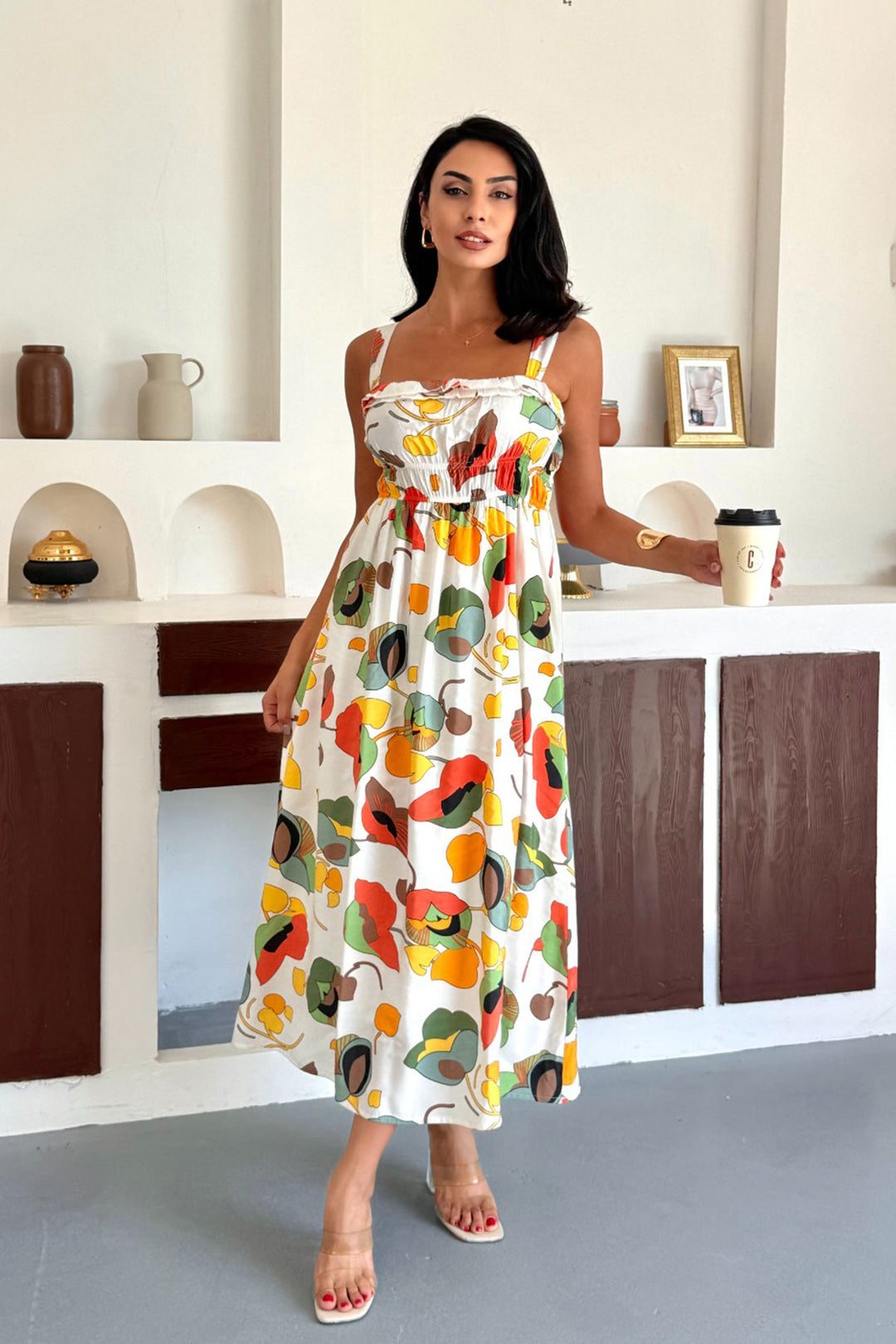 Yellow Patterned Strappy Gipeli Lined Cotton Premium Woven Dress BCCM-253004 - Utica