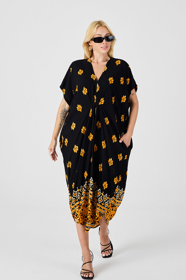Yellow Patterned V-Neck Loose Fit Kaftan Dress BCVL-254024 - Martínez de la Torre