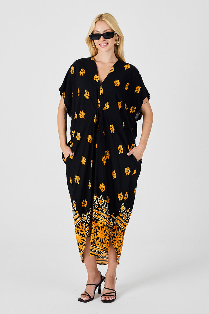 Yellow Patterned V-Neck Loose Fit Kaftan Dress BCVL-254024 - Martínez de la Torre