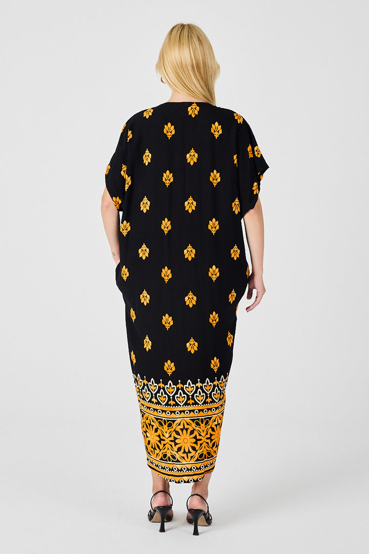 Yellow Patterned V-Neck Loose Fit Kaftan Dress BCVL-254024 - Martínez de la Torre