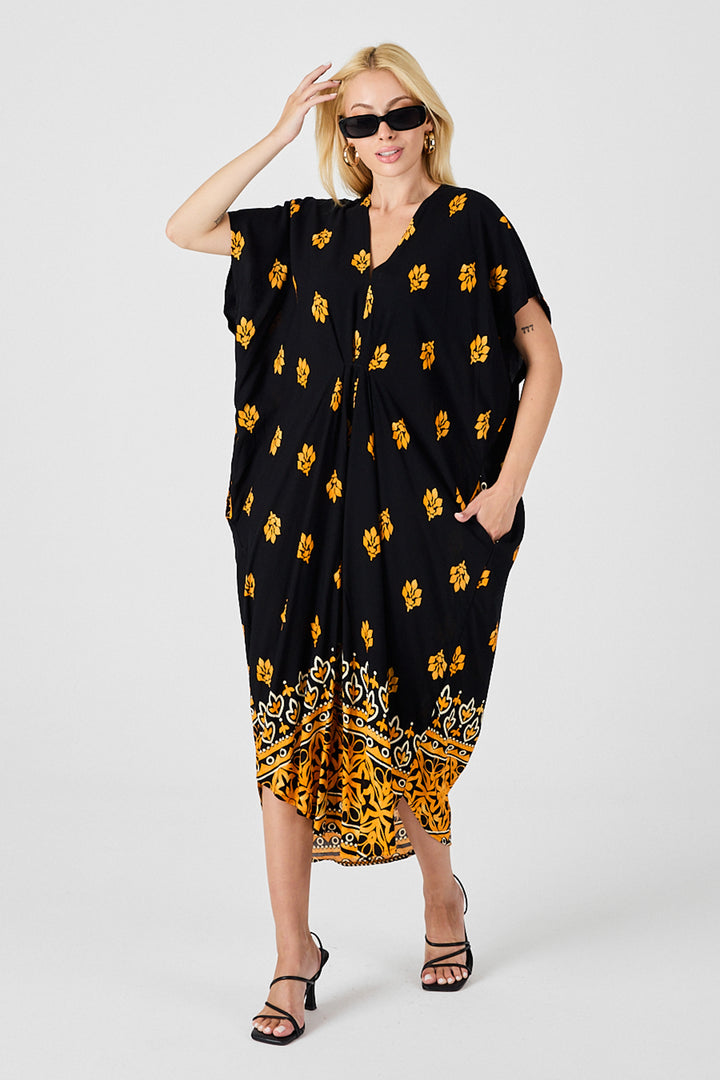 Yellow Patterned V-Neck Loose Fit Kaftan Dress BCVL-254024 - Martínez de la Torre