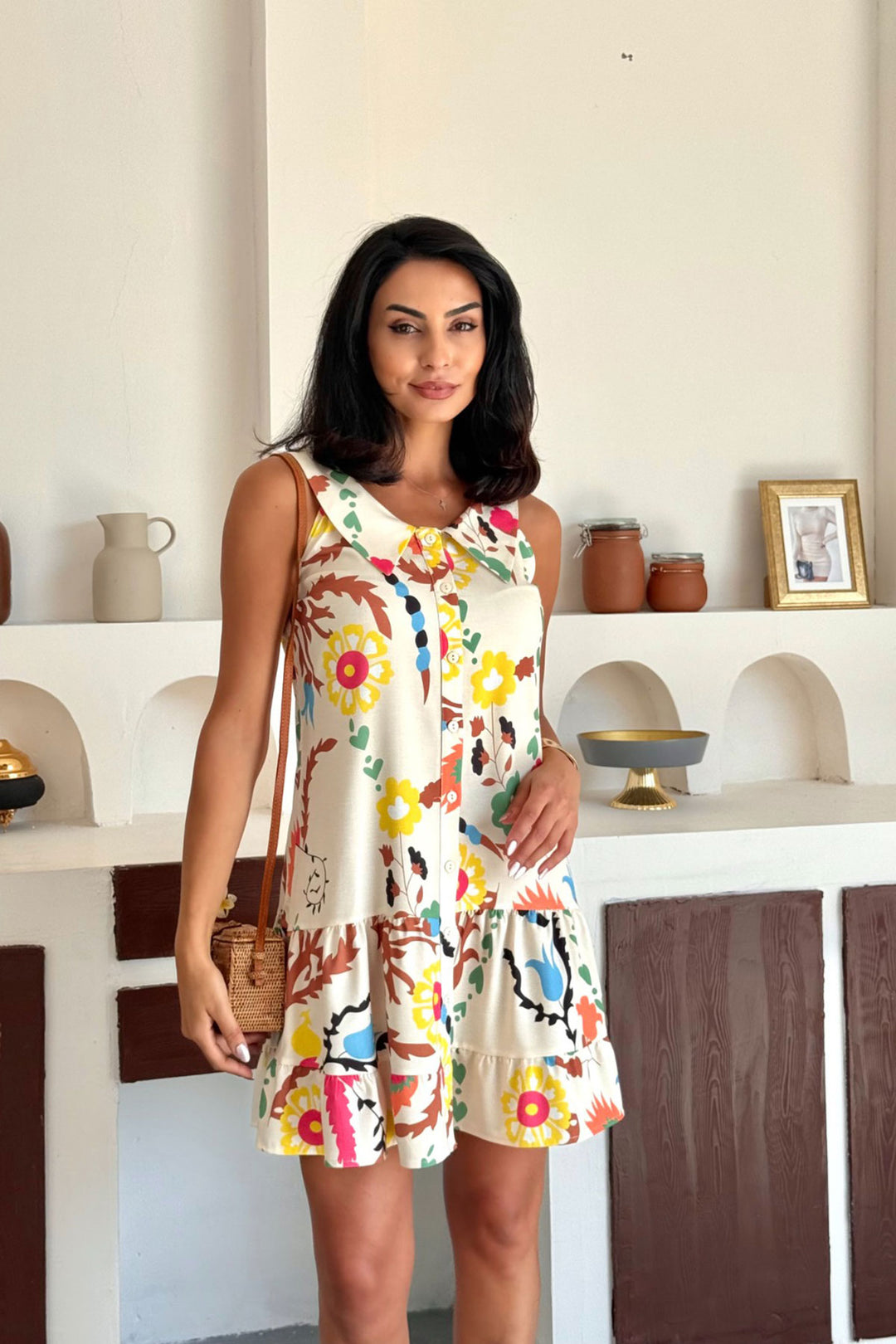 Yellow Wide Neck Skirt Ruffled Cotton Premium Patterned Woven Shirt Dress BCCM-253006 - Greifswald