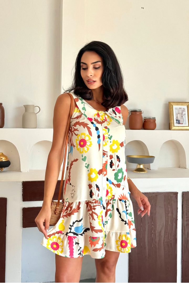 Yellow Wide Neck Skirt Ruffled Cotton Premium Patterned Woven Shirt Dress BCCM-253006 - Greifswald