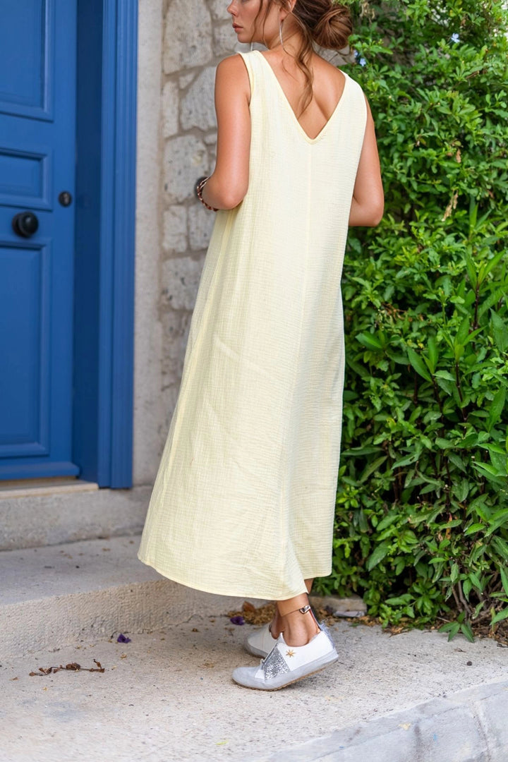 Yellow Muslin V-Neck Front Slit Long Baggy Dress BCBSK-25700-3419 - Bradford West Gwillimbury