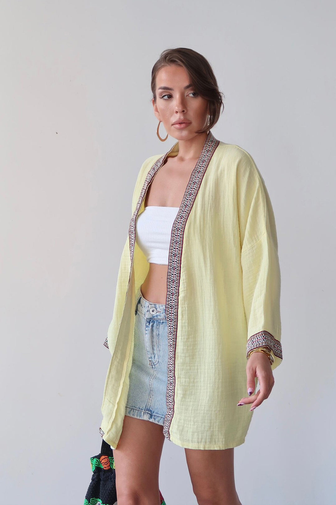 Sarı Nakış Detaylı Keten Kimono - Linton Hall
