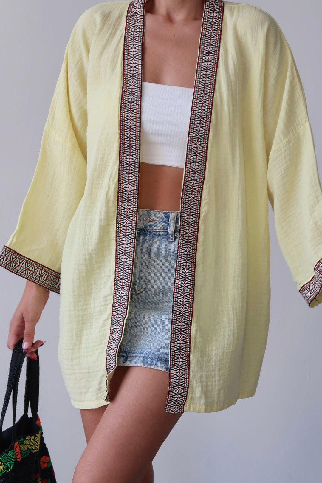 Sarı Nakış Detaylı Keten Kimono - Linton Hall
