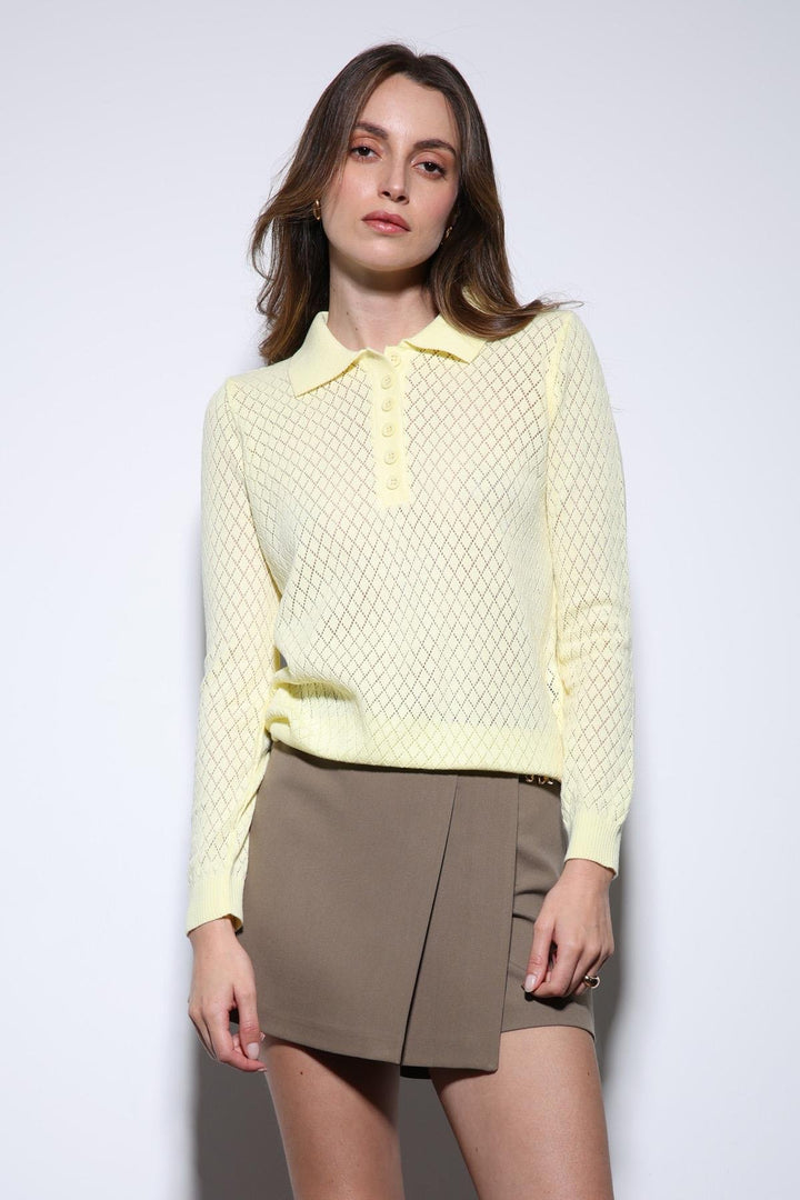 ANT Antioch Yellow Polo Neck Patterned Knit Women's Sweater - Huesca