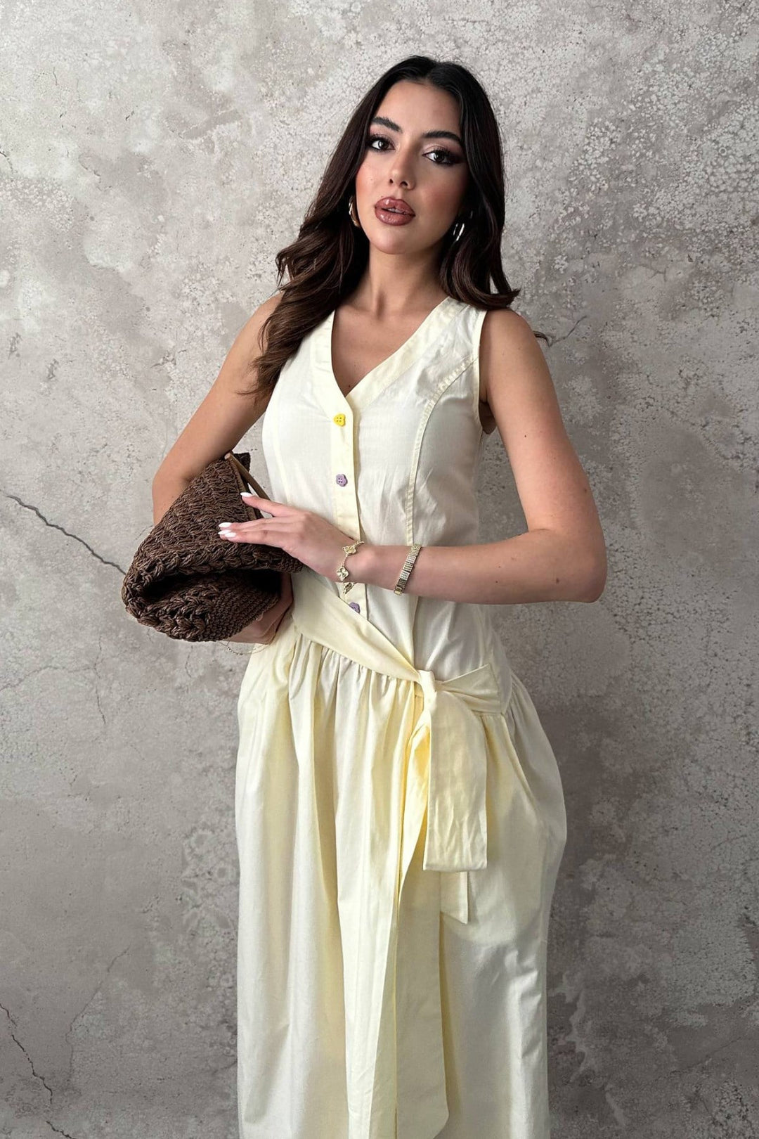ELS Sarı Yandan Kuşaklı Düğme Detaylı Elbise - Bay City
