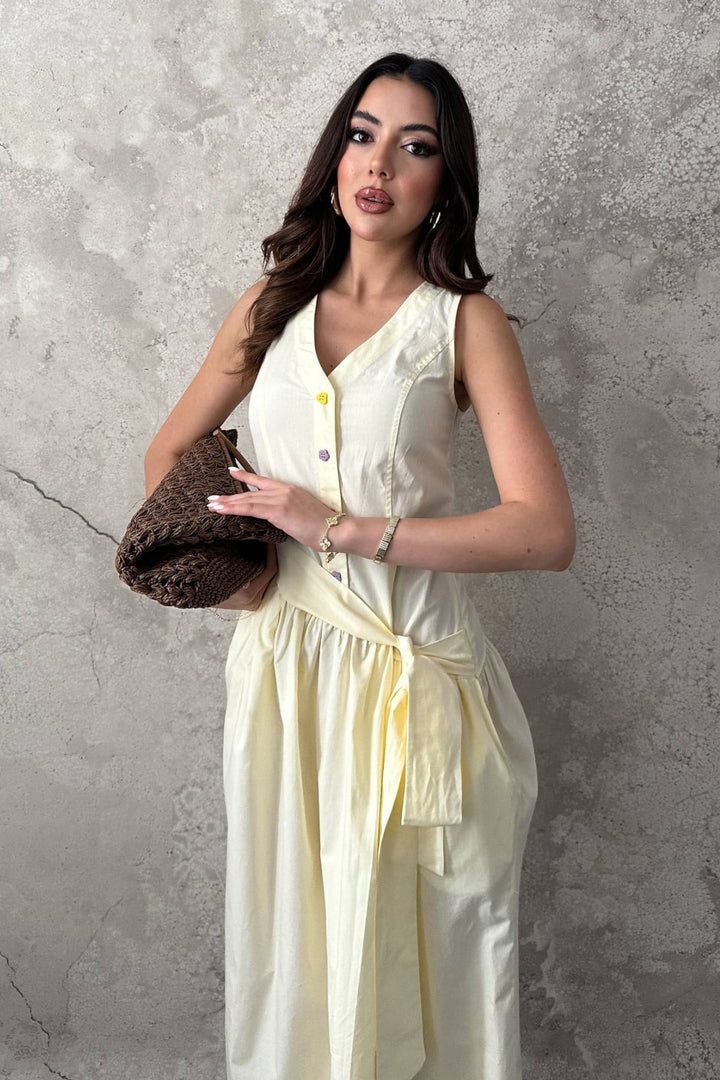 ELS Sarı Yandan Kuşaklı Düğme Detaylı Elbise - Bay City