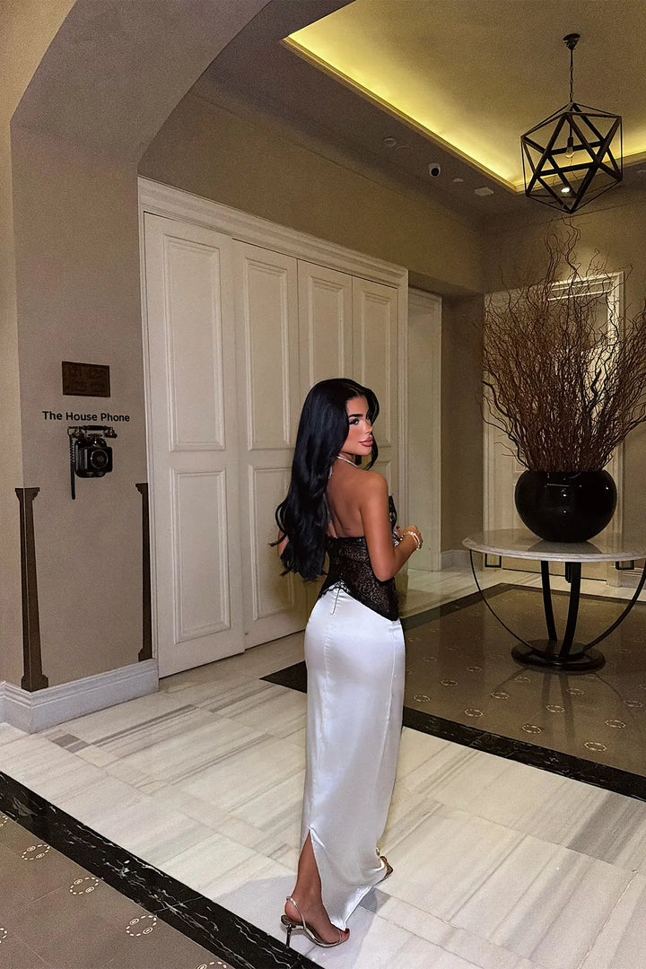 EYY Women Satin Dress with White Lace Detail - Wesley Chapel