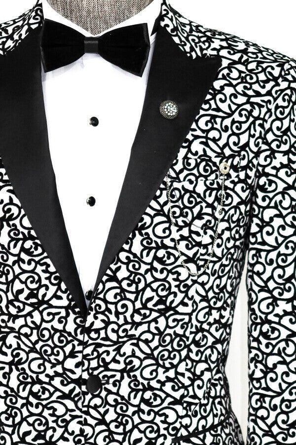 WSS Scroll Patterned White Men Prom Blazer  - Vilnius
