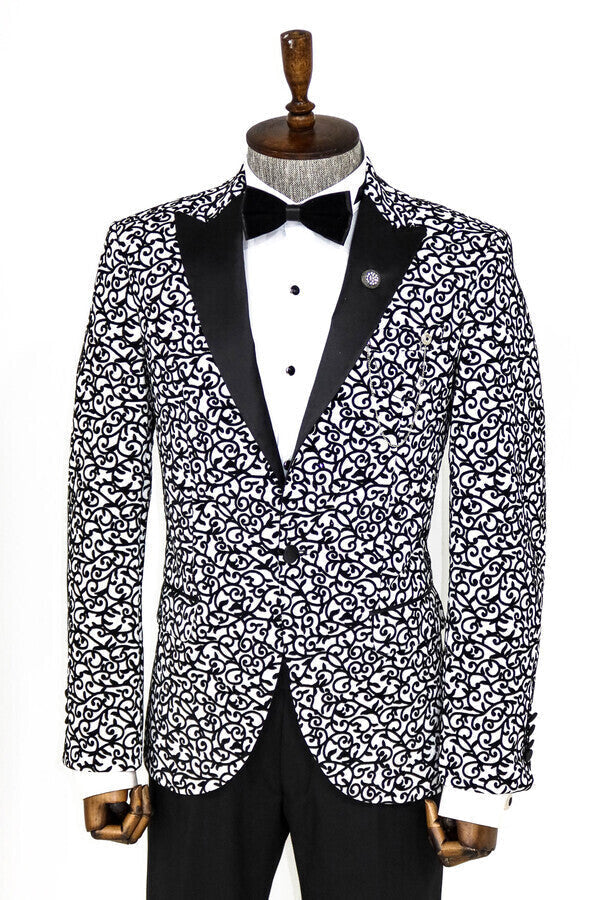 WSS Scroll Patterned White Men Prom Blazer  - Vilnius