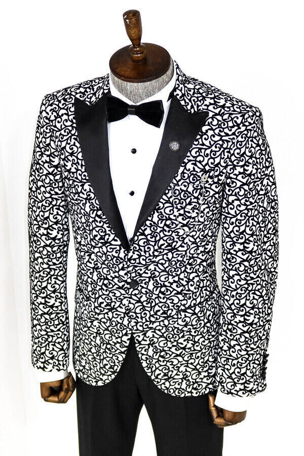 WSS Scroll Patterned White Men Prom Blazer  - Vilnius