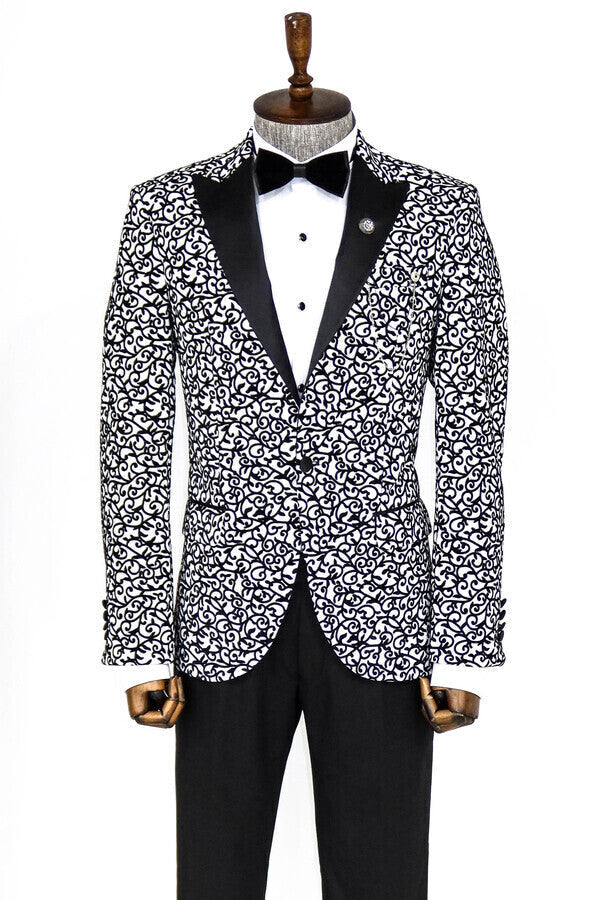 WSS Scroll Patterned White Men Prom Blazer  - Vilnius