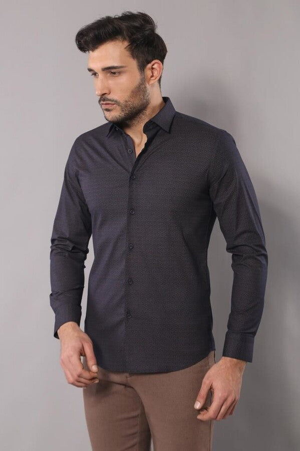 WSS Self Coffee Color Point Pattern Smoked Color Slimfit  Shirt  - Issy-les-Moulineaux
