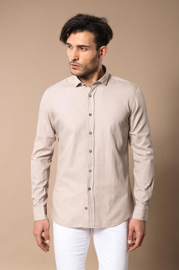 WSS Patterned Cotton Slim Fit Beige Shirt  - Montclair