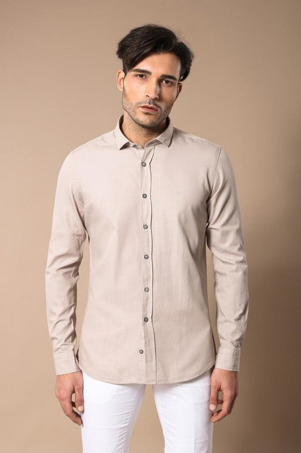WSS Patterned Cotton Slim Fit Beige Shirt  - Montclair