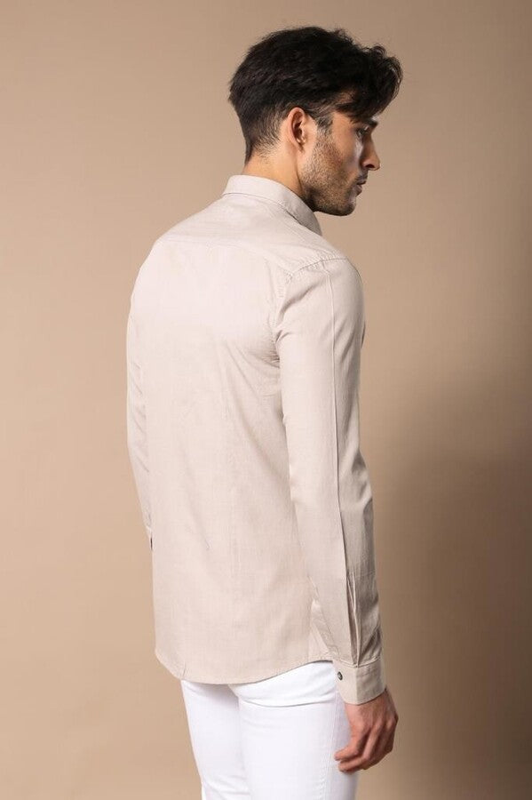 WSS Patterned Cotton Slim Fit Beige Shirt  - Montclair