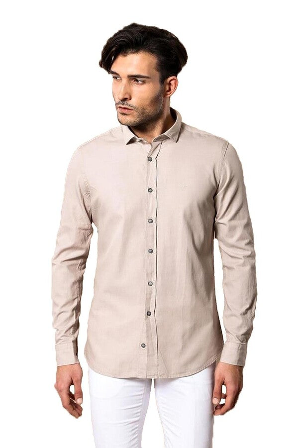 WSS Patterned Cotton Slim Fit Beige Shirt  - Montclair