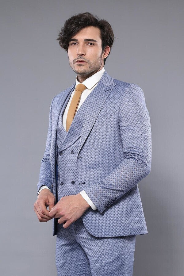 WSS Self Patterned Vested Blue Suit  - Ixmiquilpan