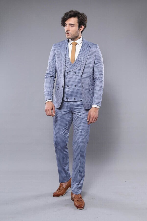 WSS Self Patterned Vested Blue Suit  - Ixmiquilpan