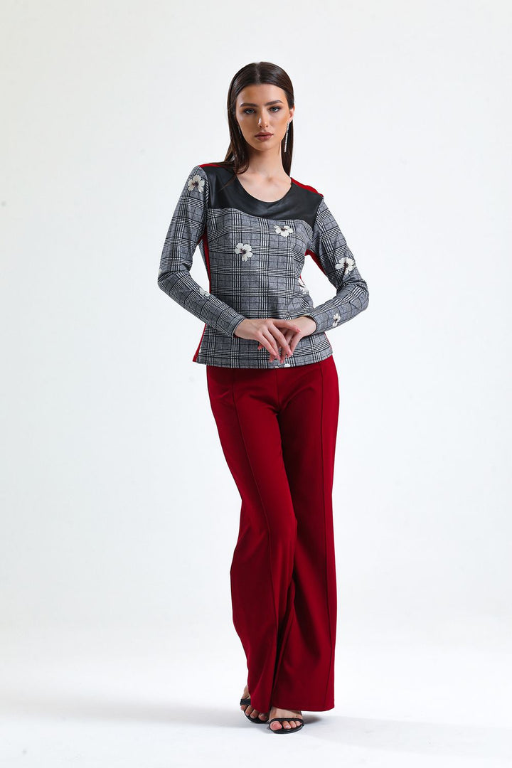 SNS Sense A. Gray Front Leather Shoulder Red Striped Long Sleeve Blouse - Amberg