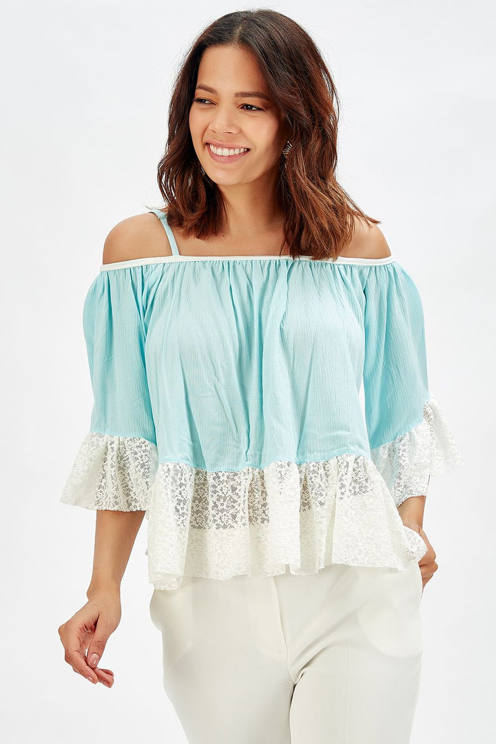 SNS Sense Open Blue Ruffled Sleeve Strappy Şile Fabric Evening Blouse - Schaffhausen