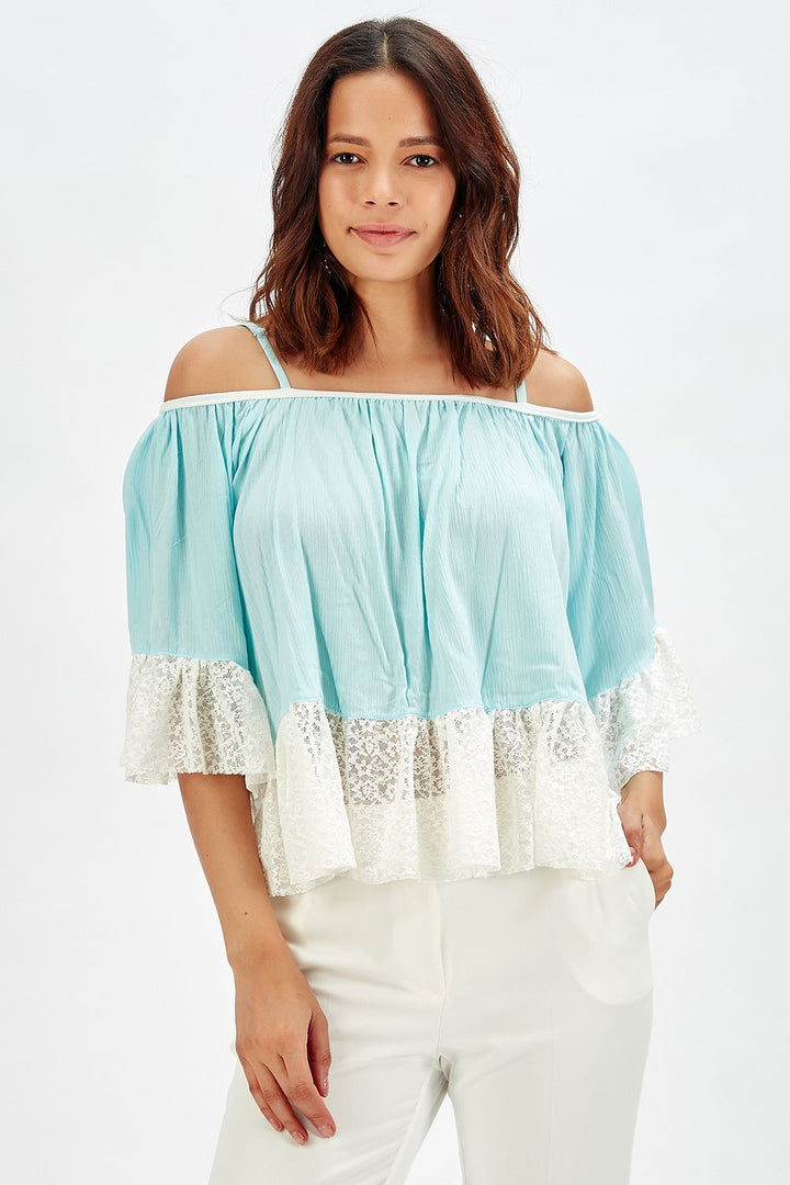 SNS Sense Open Blue Ruffled Sleeve Strappy Şile Fabric Evening Blouse - Schaffhausen