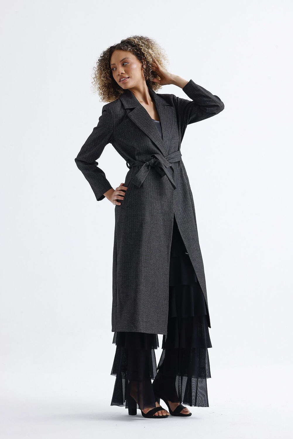 SNS Sense Anthracite Lined Long Patterned Trench Coat - Miramar
