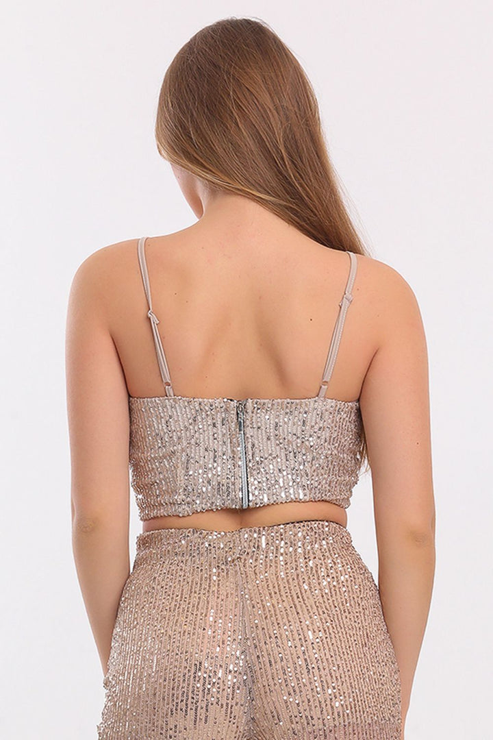 SNS Sense Bej Astarli Croptop Sequin Bustier with Straps - Michigan City