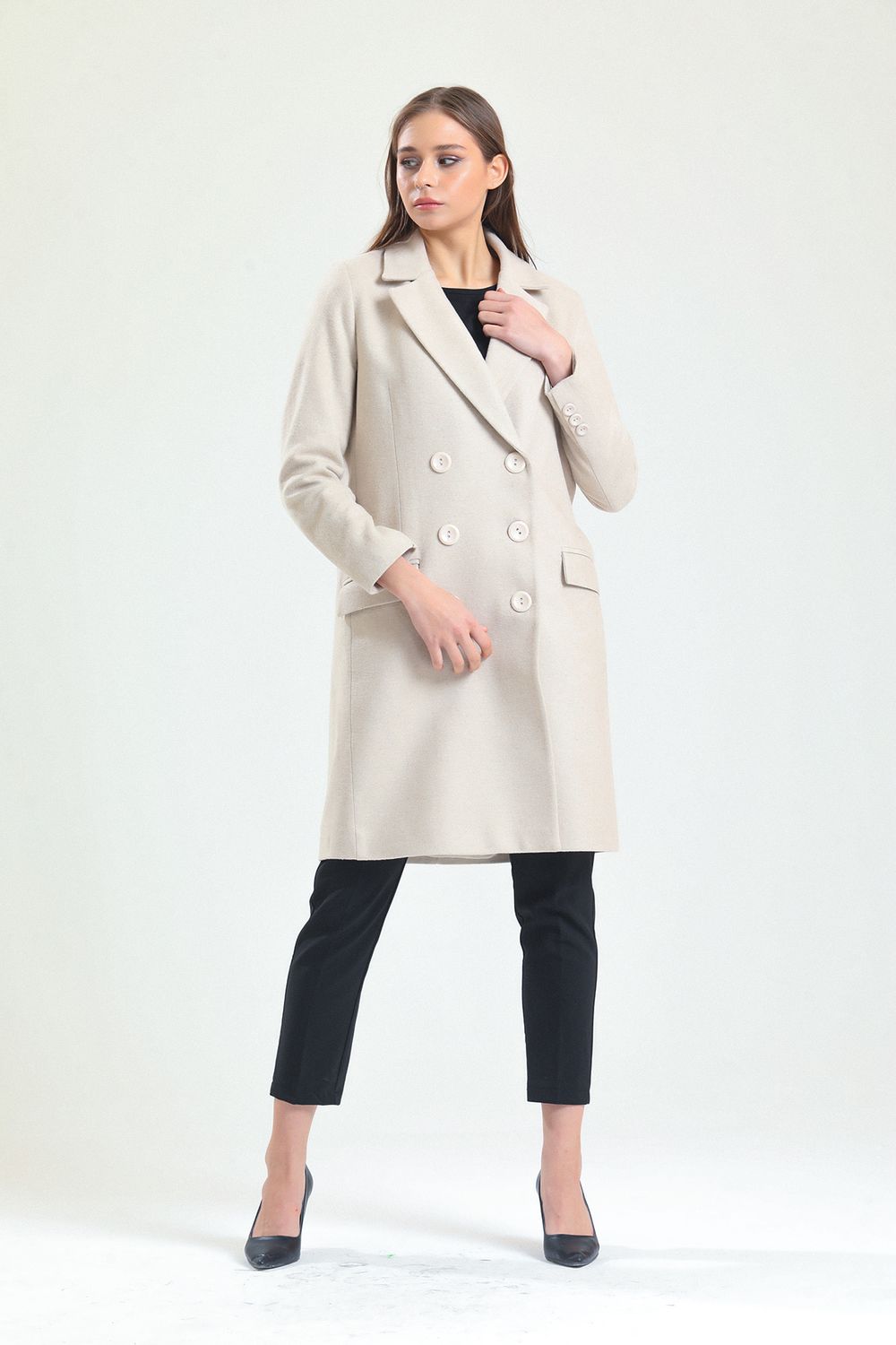 SNS Sense Plus Size Double Breasted Coat with Check Pattern - Millcreek