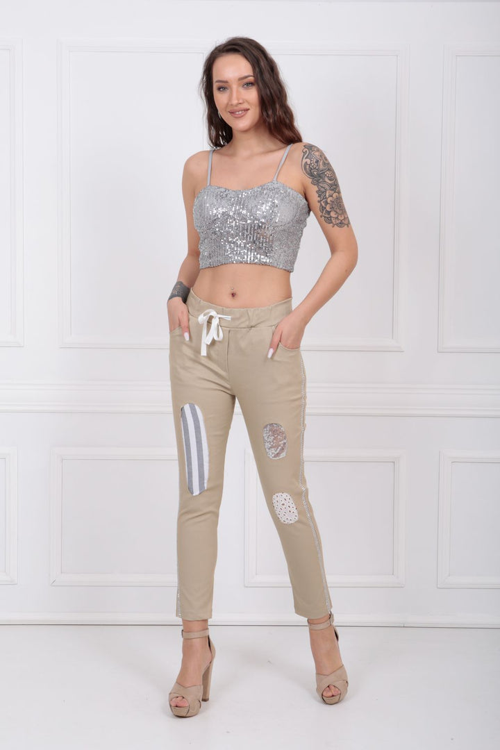 SNS Sense Bej Lace-Up Side Sequin and Patched Pants PNT32061 - Boca Raton