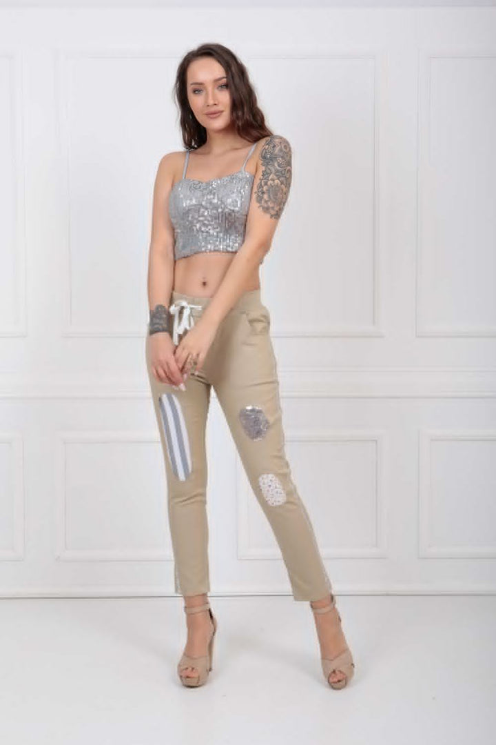 SNS Sense Bej Lace-Up Side Sequin and Patched Pants PNT32061 - Boca Raton