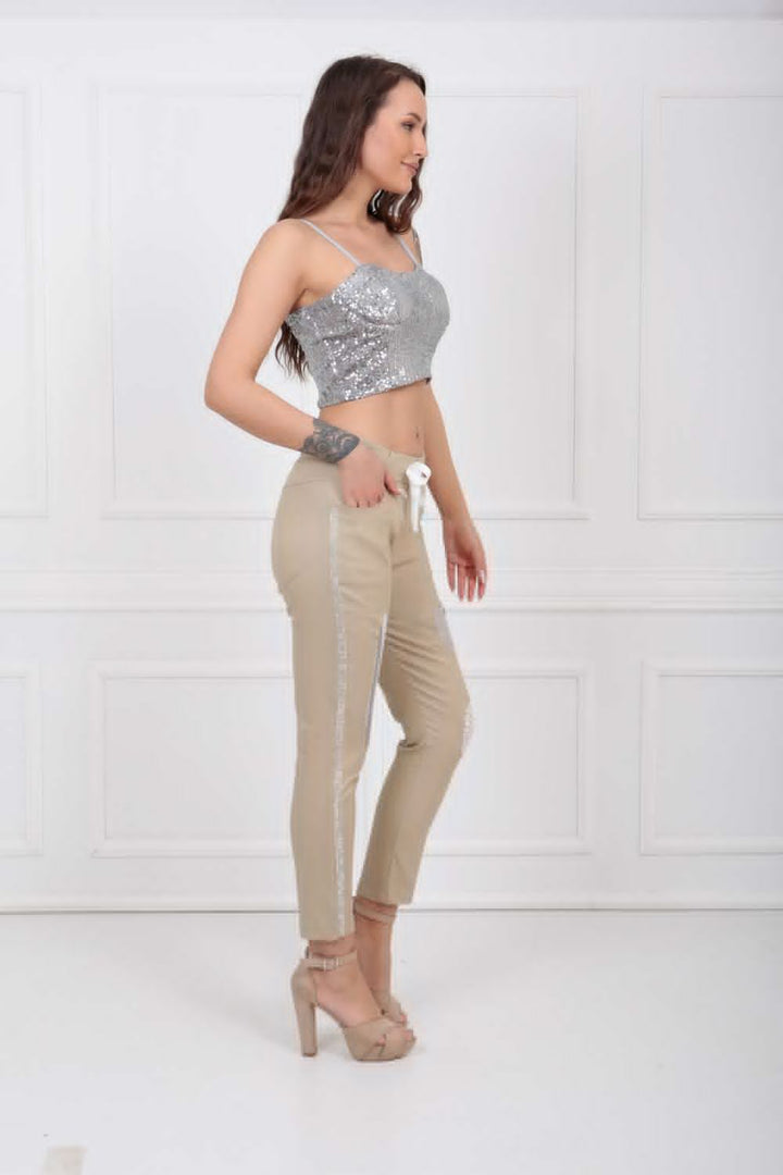 SNS Sense Bej Lace-Up Side Sequin and Patched Pants PNT32061 - Boca Raton