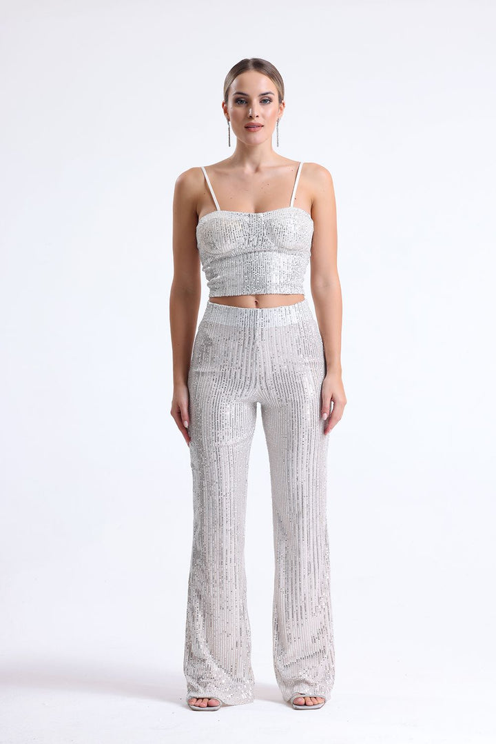 SNS Sense Bej Color Elastic Waist Sequin Evening Pants - Oshkosh