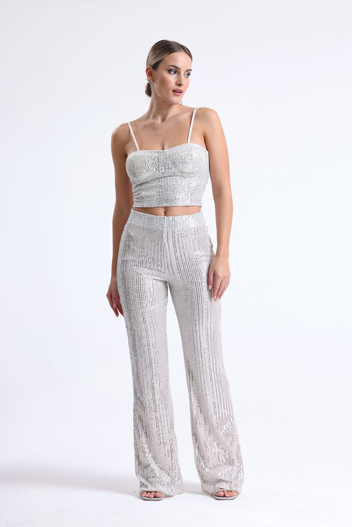 SNS Sense Bej Color Elastic Waist Sequin Evening Pants - Oshkosh