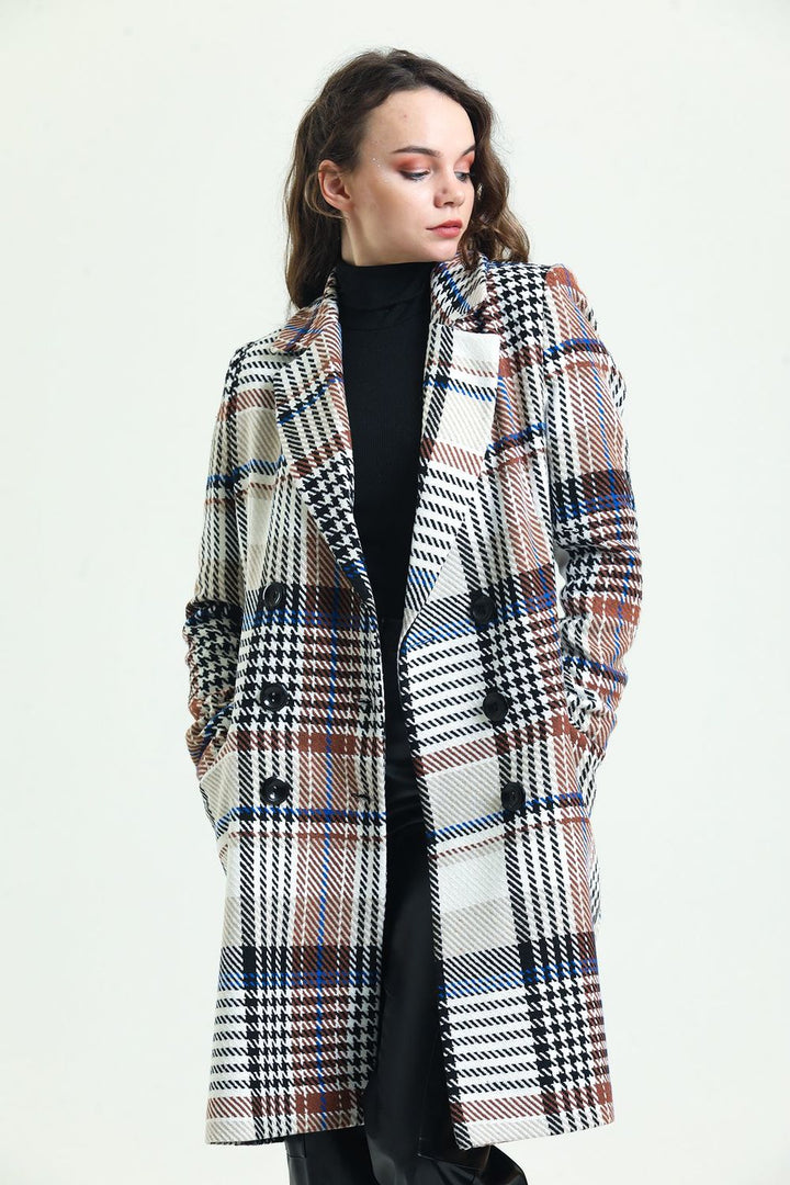 SNS Sense Beige Plaid 6-Button Lined Pea Coat - Joliet
