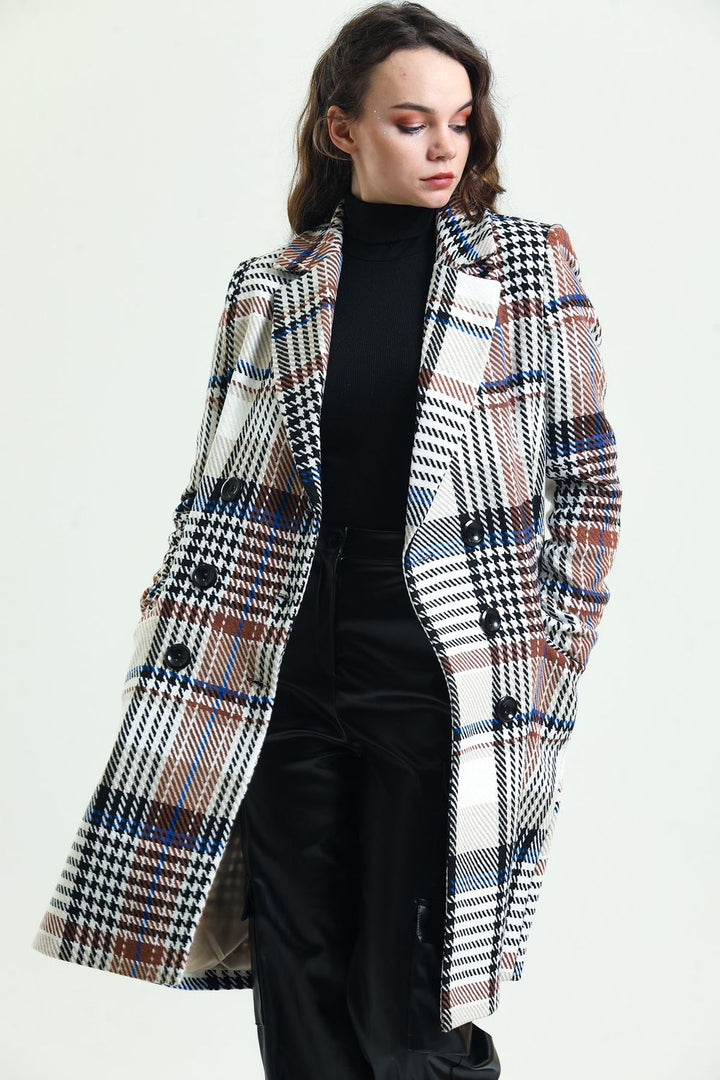 SNS Sense Beige Plaid 6-Button Lined Pea Coat - Joliet