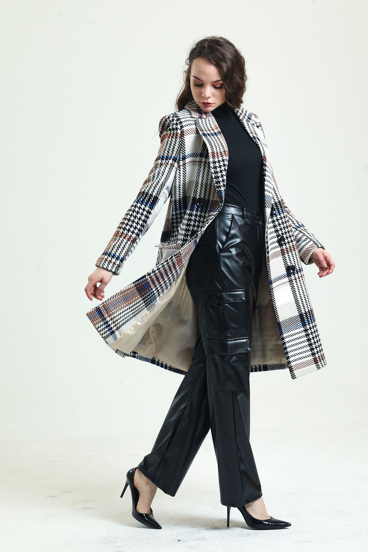 SNS Sense Beige Plaid 6-Button Lined Pea Coat - Joliet