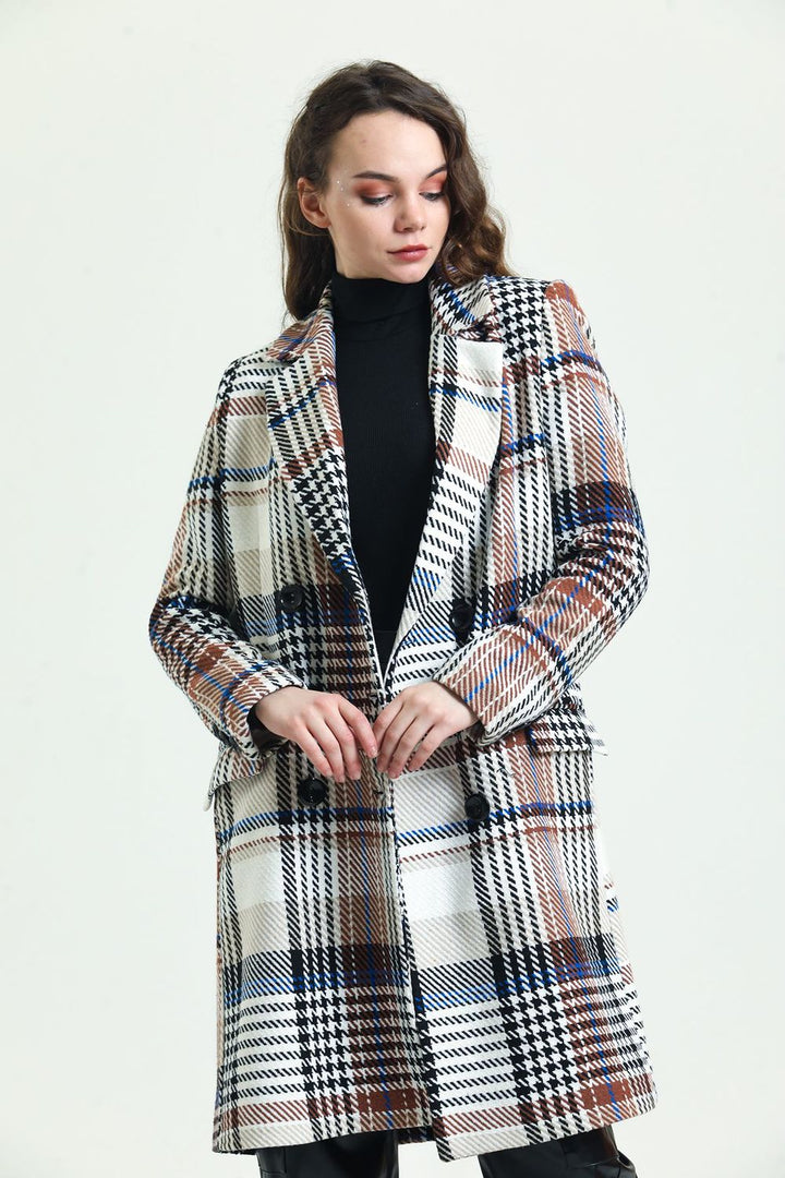 SNS Sense Beige Plaid 6-Button Lined Pea Coat - Joliet